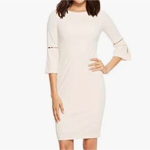 Calvin Klein Blush Pink Sheath Dress 13 Pearl Trim 3/4 Bell Sleeve Midi Elegant